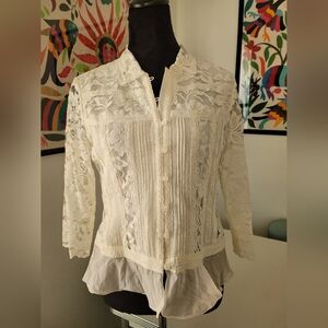 Coldwater Creek Cream Ivory Lace Button Up Top PS S Feminine Romantic